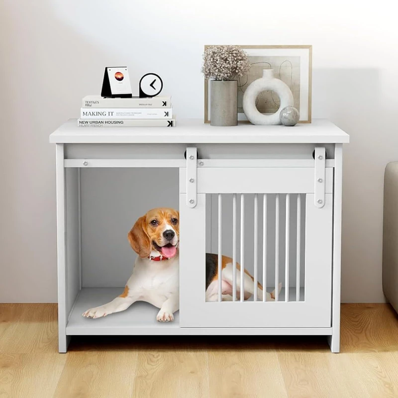 GYMAX Dog Crate, Modern Dog Cage Furniture with Wide Tabletop, Sliding Door and Chew-proof Metal Pipes, Indoor Pet Kennel Side Table for Small Medium Dogs
