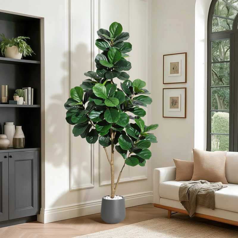 Garvee Artificial Fig Tree, Fiddle Leaf 210 m with 141 Leaves – Realistic Artificial Ficus Lyrata in Grey Pot 23 cm XXL Indoor Plant for Living Room Office Decoration Gift Idea - Image 1