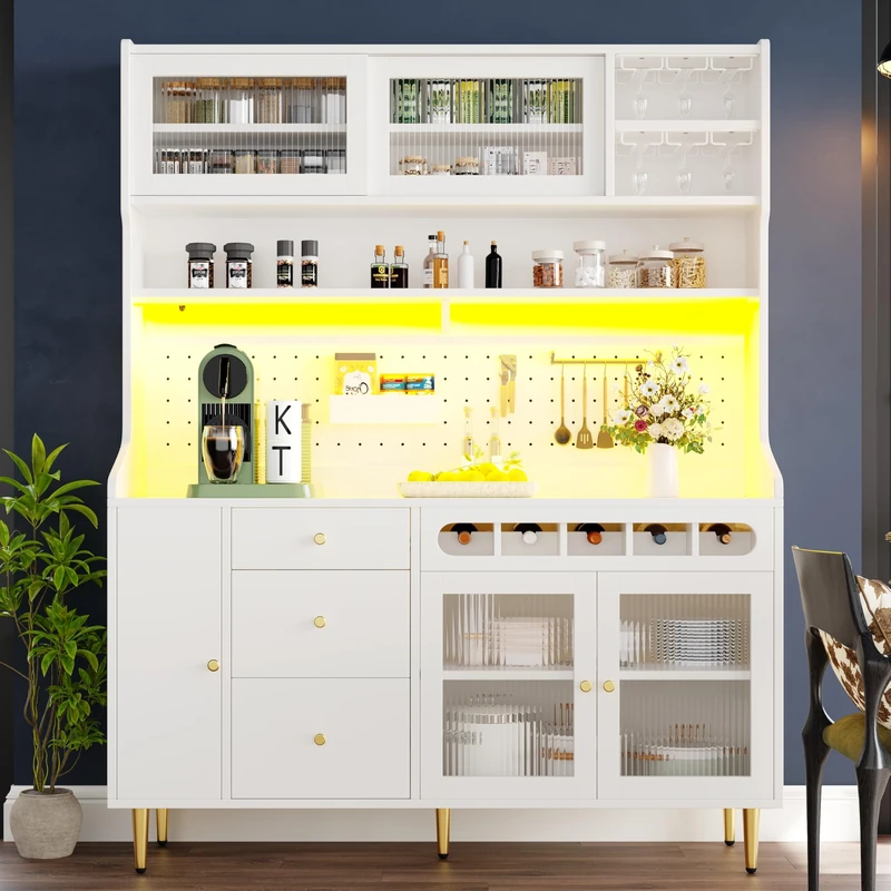 Ball & Cast Highboard with LED Lights & Adjustable Shelves, Freestanding Storage Cabinet, Tall Unit with Wine Rack for Living Room, Kitchen, Dining Room, 145 x 39 x 171 cm White