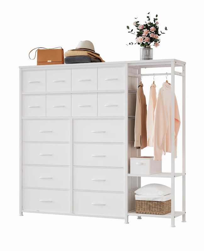 Garvee 16 Drawer Storage Chest of Drawers with Wardrobe and Shelves - Fabric Organizer for Bedroom, Dressing Room, Entryway, White
