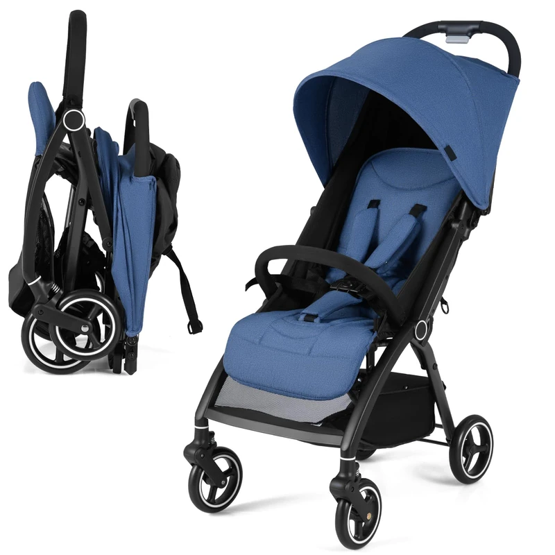 GYMAX Baby Stroller, Foldable Toddler Pushchair with Adjustable Backrest, Canopy and Calf Support, Storage Basket, Baby Buggy Pram Carriage for 0-3 Years Old Infant Kids (Navy)