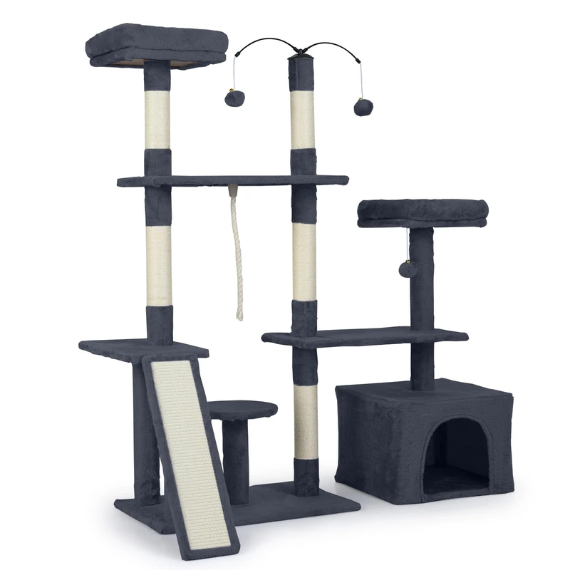 GYMAX Multi-level Cat Tree, 136cm Tall Cat Tower with Sisal Scratching Posts, Ramp, 2 Padded Perches, Large Condo, Dangling Balls and Hanging Rope, Kitty Activity Center for Kitten (Dark Grey)