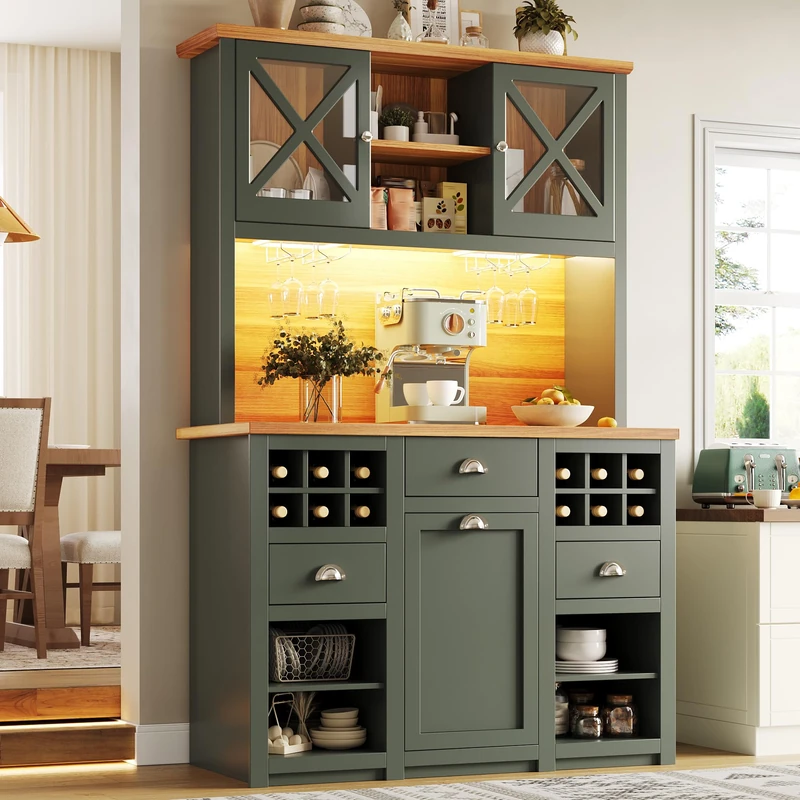 Ball & Cast Kitchen Cupboard 188cm Tall Cabinet with LED, Power Sockets Kitchen Sideboard Storage Cabinet with Large Countertop, Adjustable Shelves, 3 Drawers 120 x 45 x 188 cm Green