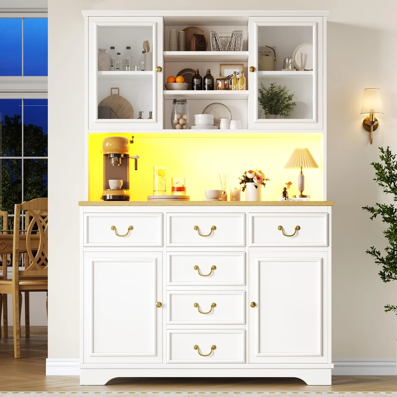 Ball & Cast Kitchen Cupboard 180cm Tall Cabinet with LED, Power Sockets Kitchen Sideboard Storage Cabinet with Large Countertop, Adjustable Shelves, 6 Drawers 118x39.5x180 cm White