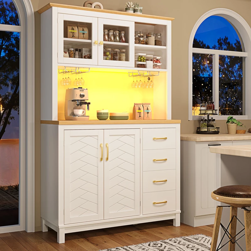 Ball & Cast Tall Kitchen Cupboard with LED Light Strip & Drink Holders 105.5x40x180cm, Sideboard Storage Cabinet, Freestanding Buffet Cabinet with Anti-Tip for Kitchen Dining Room Living Room