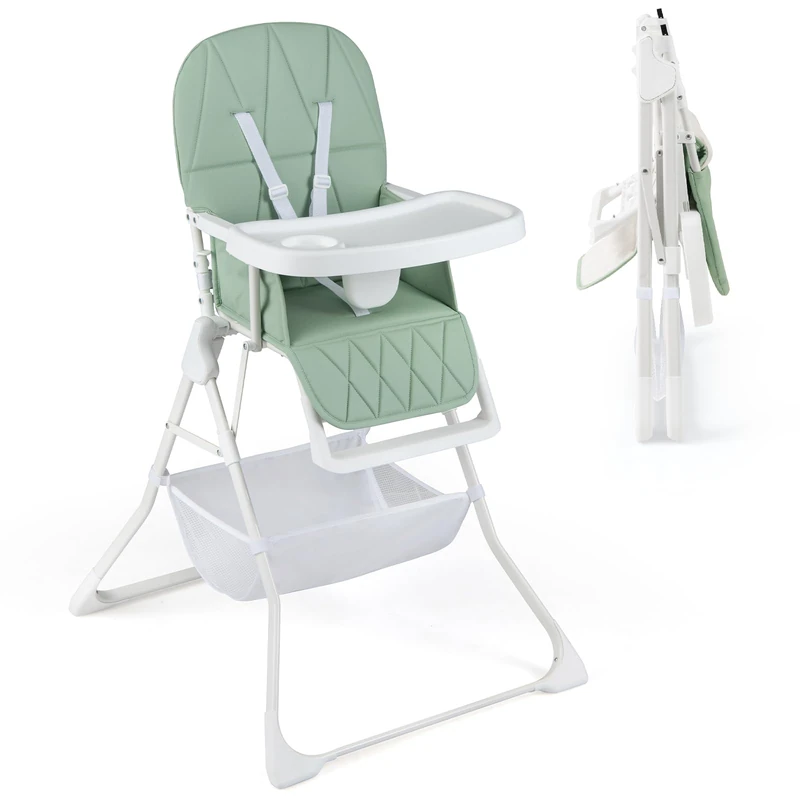 GYMAX High Chairs for Toddlers, Compact Foldable Highchairs with 3-Position Adjustable Tray & Footrest, Removable Seat Cushion, 5-Point Safety Harness, Portable Baby Feeding Chair (Green with Basket)