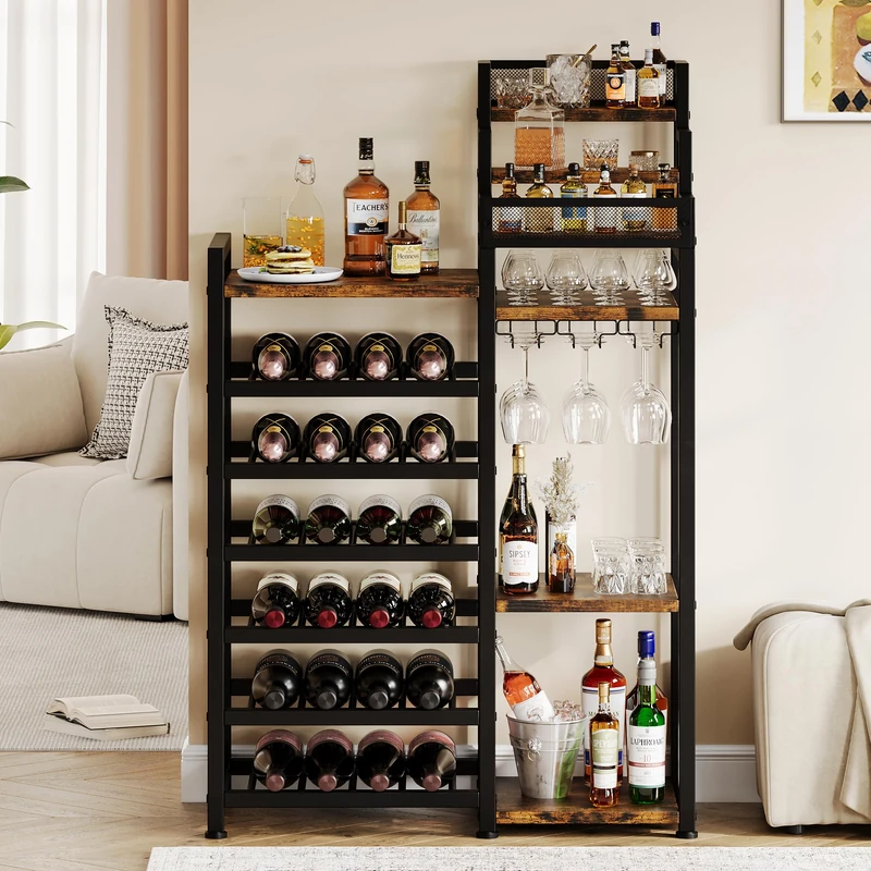 Feonase Metal Free Standing Wine Rack for 24 Bottles - Black Wine Rack with Bar, Glass Holder, Open Shelves, Wine Racks Storage