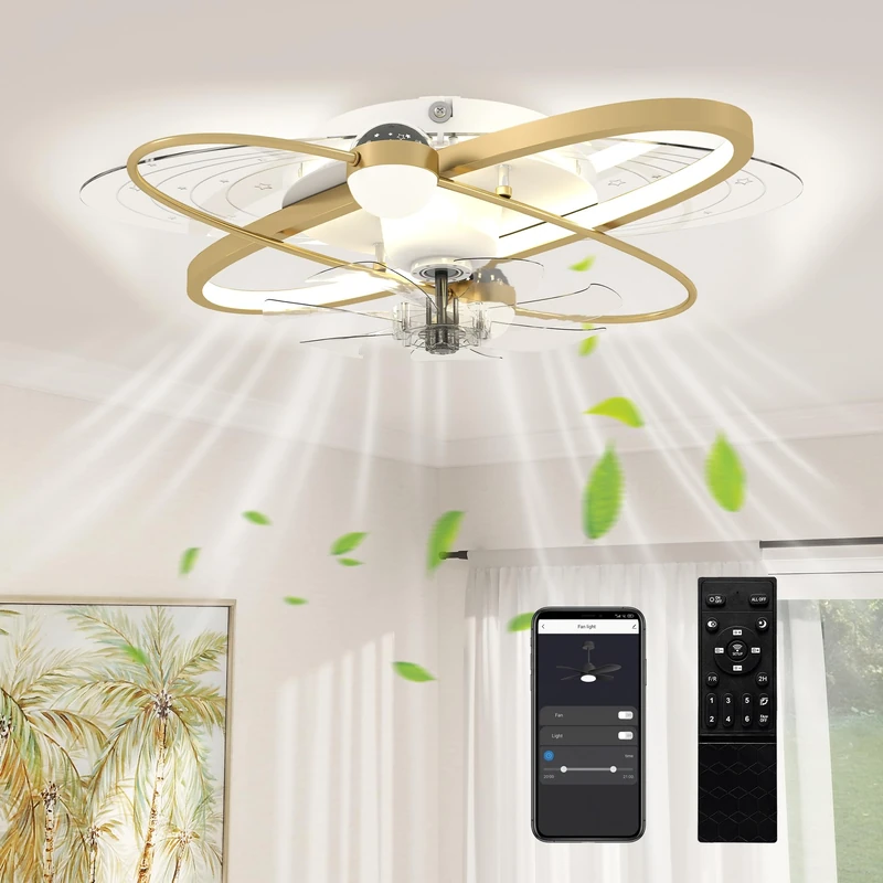 HOMCOM Ceiling Fans with Lights and Remote & App Control, 62 cm Modern LED Ceiling Fan Light with 3 Colour Temperatures, 6 Speed, Timer, Dimmable, Quiet Reversible DC Motor, for Bedroom, Gold Tone