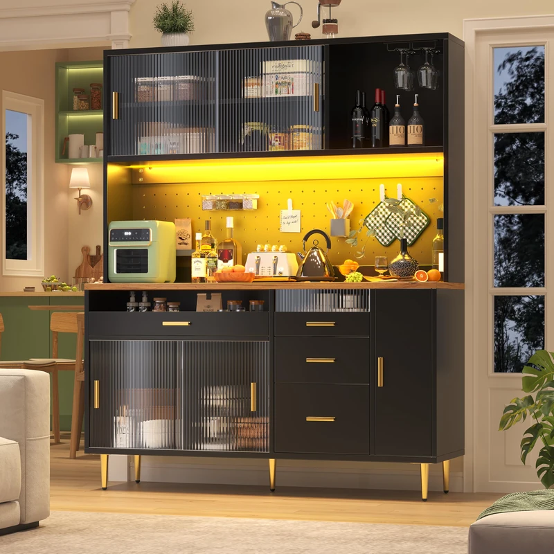 Ball & Cast Highboard with LED Lighting & Pegboard Shelves, Tall Cabinet for Living Room, Kitchen & Dining Room Storage, Adjustable Freestanding Cupboard, 145x24x171cm, Black