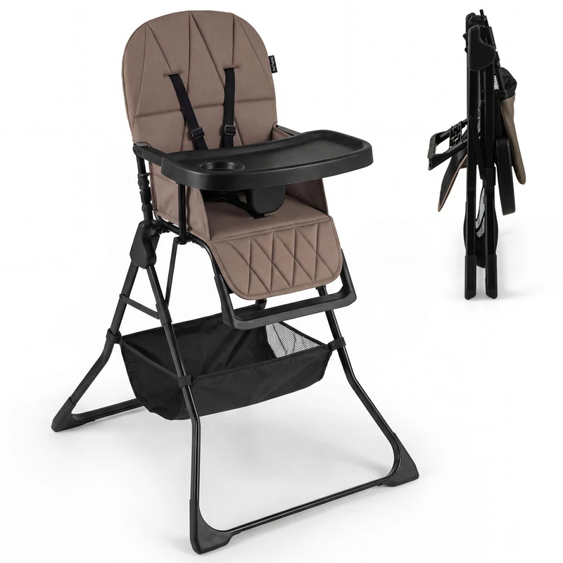 GYMAX High Chairs for Toddlers, Compact Foldable Highchairs with 3-Position Adjustable Tray & Footrest, Removable Seat Cushion, 5-Point Safety Harness, Portable Baby Feeding Chair (Coffee with Basket)