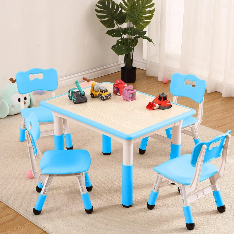 Garvee Evolutionary Table and Chairs for Children, Multifunctional Set with Drawing Table and 4 Non-Slip Chairs, Blue Ergonomic Design, Ideal for DIY, Learning and Home Games - Image 1