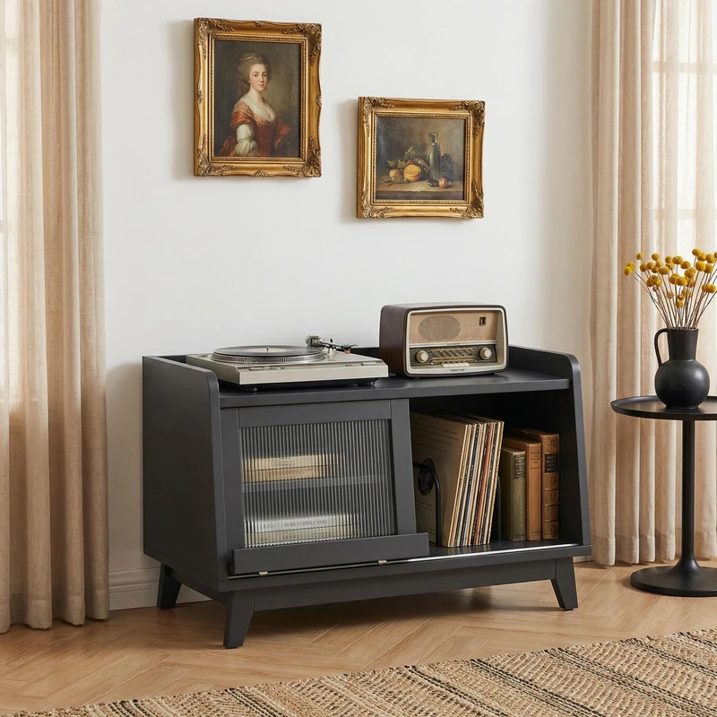 Feonase Record Player Stand, With Power Outlet And Sliding Glass Door, Wooden Record Player Table Can Hold 200+ Albums Open Storage Space Turntable Stand for Music Living Room (Black)