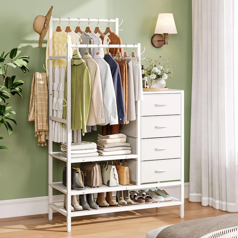 Feonase 3 in 1 Chest of Drawers Bedroom, Including 4 Fabric Drawers, with a 2 Coat Rail and 5 Coat Hooks, The Bottom Three-Layer Storage Design Can Hold Shoes, Bags, Clothes And Other Items, White