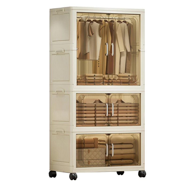 Garvee Folding Wardrobe with Hanging Bar and 2 Storage Bins – Large Capacity 65 x 35 x 126 cm, Robust Plastic Portable Dressing Room with Magnetic Door and Wheels, Organization - Image 1