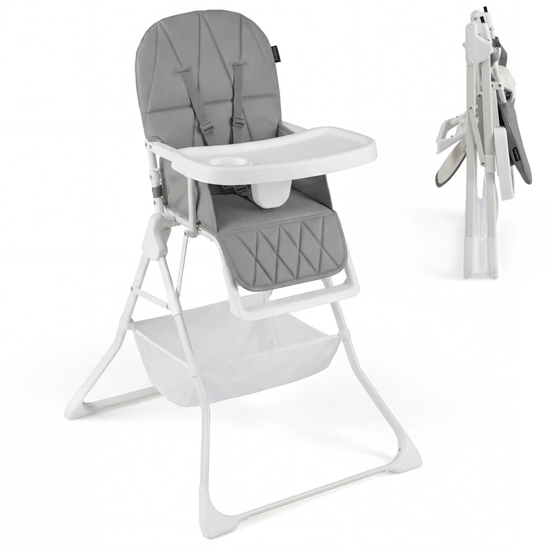 GYMAX High Chairs for Toddlers, Compact Foldable Highchairs with 3-Position Adjustable Tray & Footrest, Removable Seat Cushion, 5-Point Safety Harness, Portable Baby Feeding Chair (Grey with Basket)