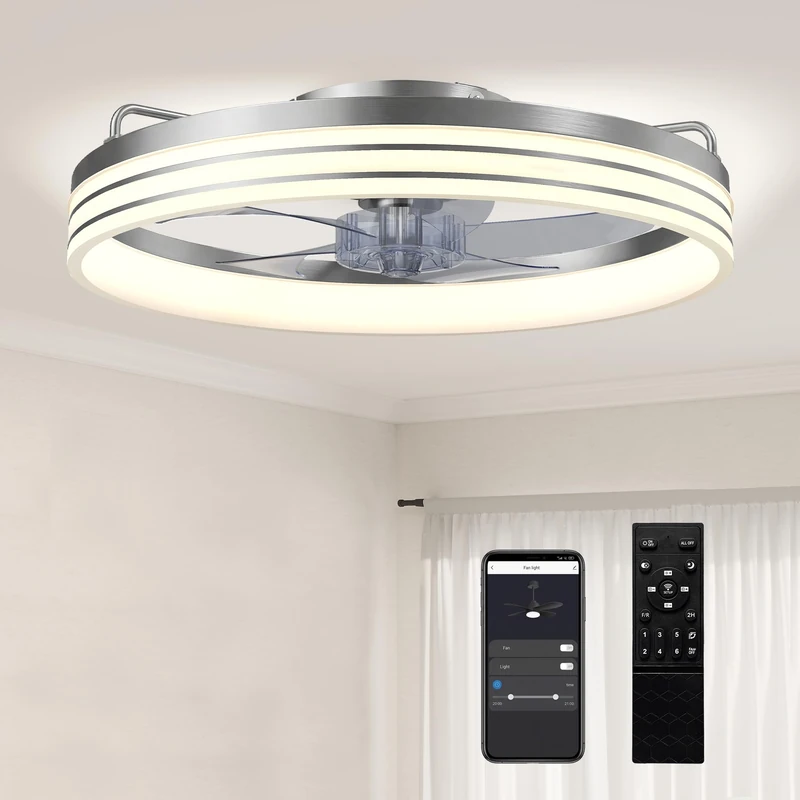 HOMCOM Ceiling Fans with Lights and Remote & App Control, 50 cm Modern LED Ceiling Fan Light with 3 Colour Temperatures, 6 Speed, Timer, Dimmable, Quiet Reversible DC Motor, for Bedroom, Silver Tone