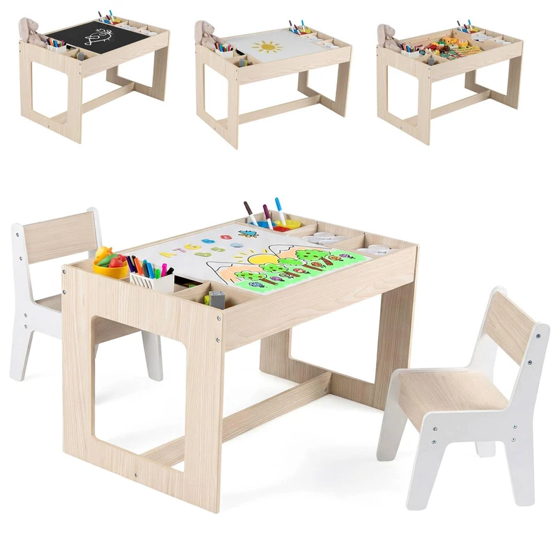 GYMAX Kids Art Table and Chairs Set, Wooden Children Desk with Double-sided Tabletop and Storage Cubbies, Toddler Activity Table Set for Drawing Writing, 80x49x48cm (Natural + White)