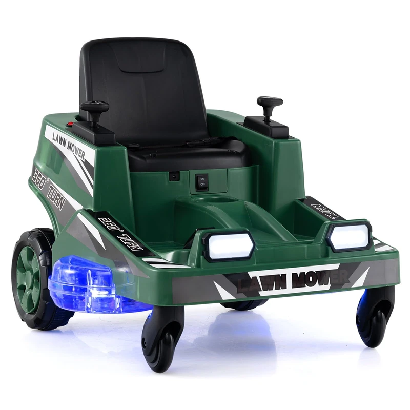 GYMAX 12V Kids Ride on Car, Children Electric Car with Dual Control Sticks, Lights, 360° Twist and Turn, Battery Powered Lawn Mower for 3 Years Old+ (Green)