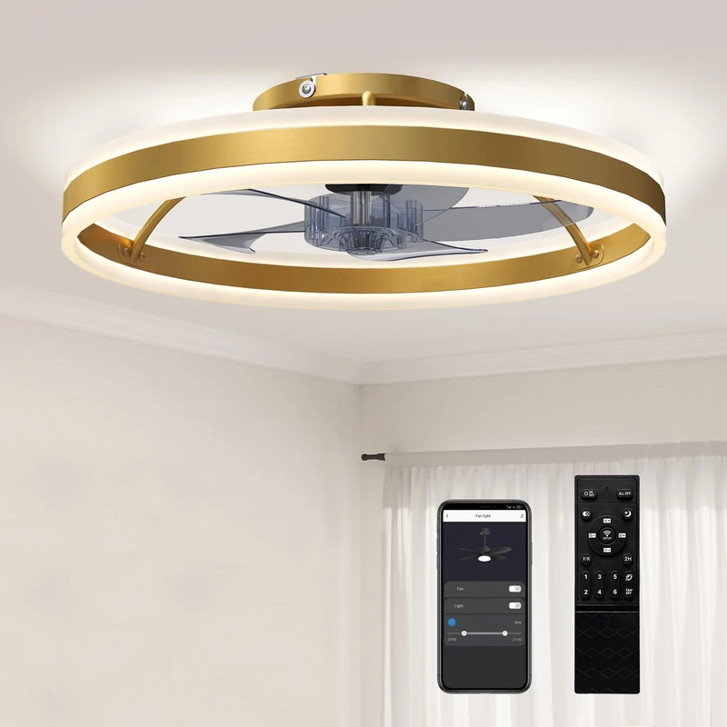 HOMCOM Ceiling Fans with Lights and Remote & App Control, 50 cm Modern LED Ceiling Fan Light with 3 Colour Temperatures, 6 Speed, Dimmable, Timer Quiet Reversible DC Motor, for Bedroom, Gold Tone