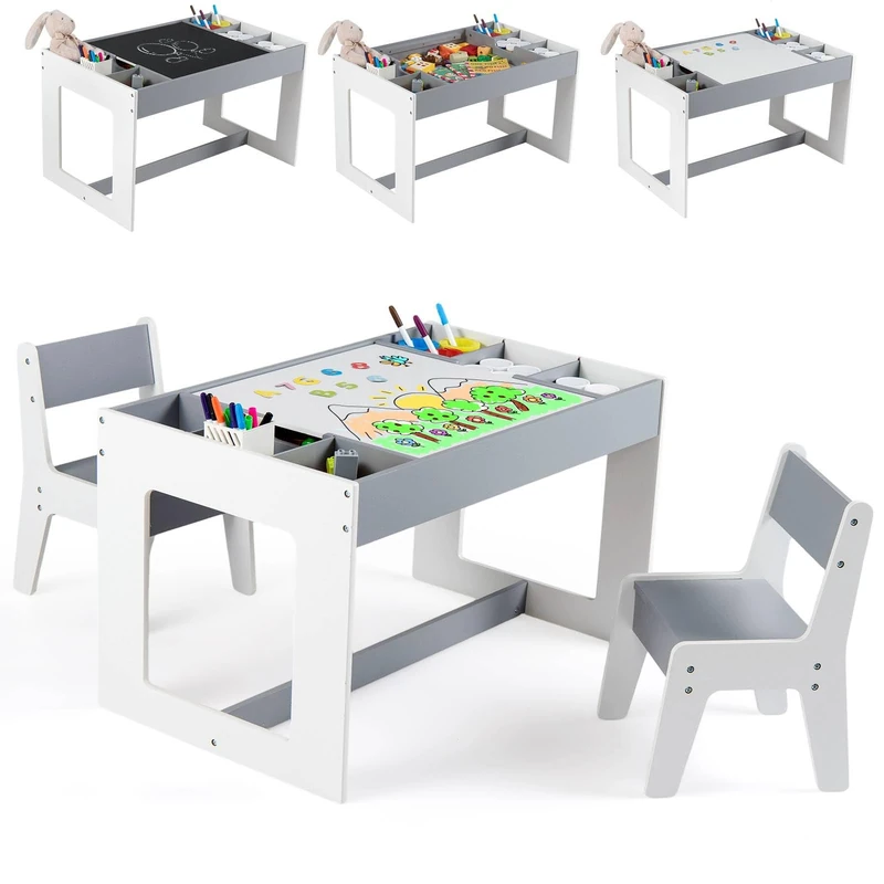 GYMAX Kids Art Table and Chairs Set, Wooden Children Desk with Double-sided Tabletop and Storage Cubbies, Toddler Activity Table Set for Drawing Writing, 80x49x48cm (Grey + White)