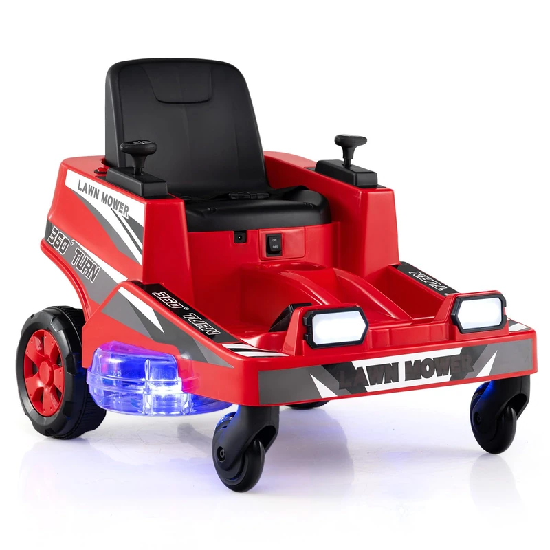GYMAX 12V Kids Ride on Car, Children Electric Car with Dual Control Sticks, Lights, 360° Twist and Turn, Battery Powered Lawn Mower for 3 Years Old+ (Red)
