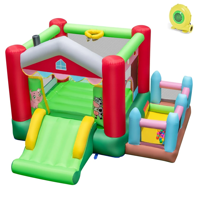 GYMAX Kids Bouncy Castle, Inflatable Jumping House with Slide, Ball Pit Area and Basketball Hoop, Children Bounce Playhouse for Outdoor Indoor (Farm with 480W Blower)