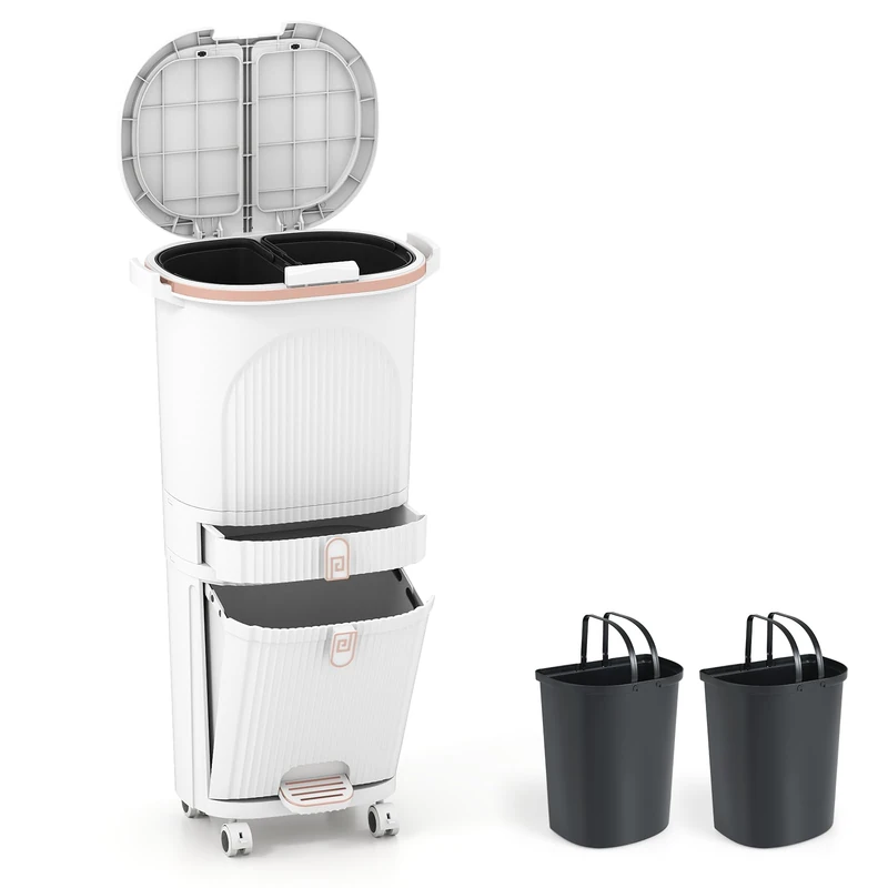 GiantexUK 42L Recycling Bin, 3-Tier Sorting Trash Bin with 3 Compartments, Wheels & Retractable Pedal, Vertical Dry and Wet Separation Trash Can for Kitchen(42L,White)