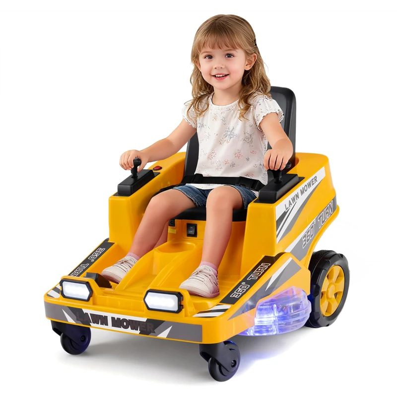 GYMAX 12V Kids Ride on Car, Children Electric Car with Dual Control Sticks, Lights, 360° Twist and Turn, Battery Powered Lawn Mower for 3 Years Old+ (Yellow)