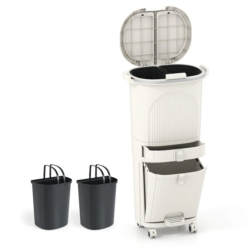 GiantexUK 42L Recycling Bin, 3-Tier Sorting Trash Bin with 3 Compartments, Wheels & Retractable Pedal, Vertical Dry and Wet Separation Trash Can for Kitchen(42L,Beige)
