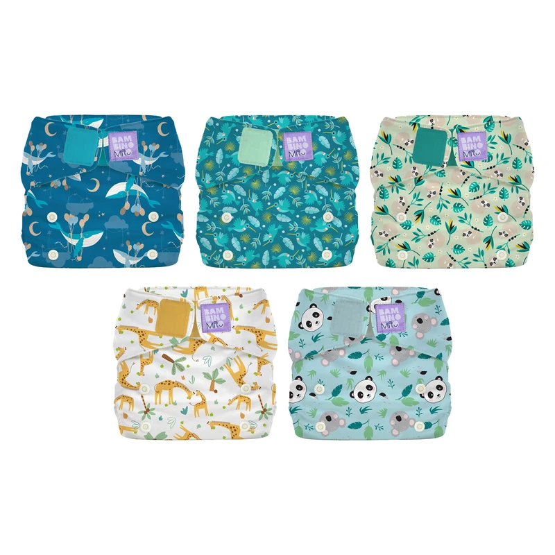 Bambino Mio Miosolo Classic Reusable Nappies 5 Pack (Animals)– All-in-One Cloth Nappies, One Size Washable Nappy with Adjustable Poppers, Leak-Resistant & Absorbent, Reusable Baby Nappy (3–35 lbs)