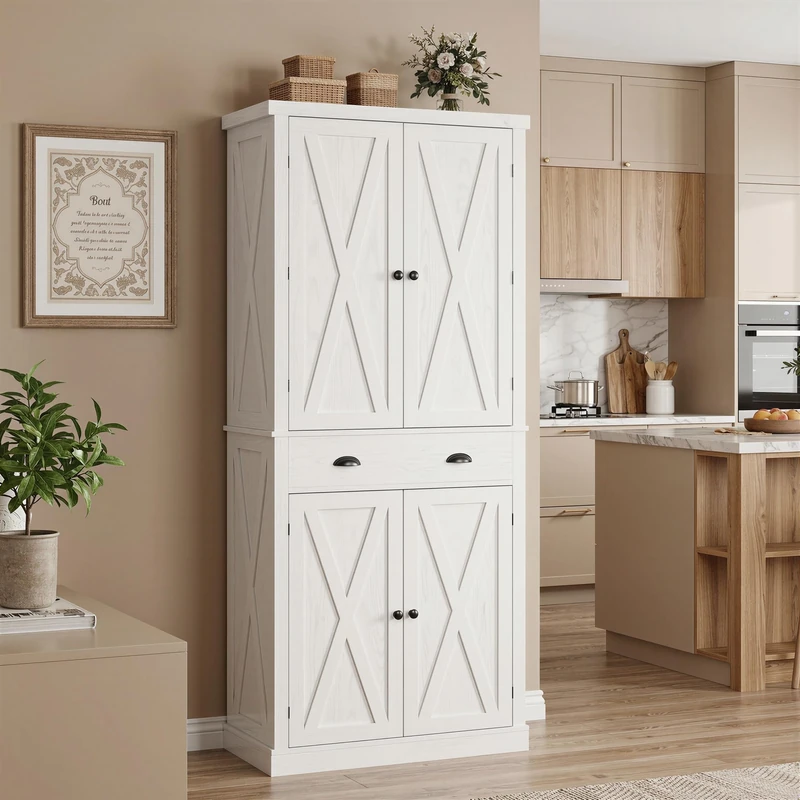 IRONCK Tall Kitchen Pantry Cupboard, 184.5cm Freestanding Storage Cabinet with Barn Doors, Drawer, 3 Adjustable Shelves for Dining Living Room, White