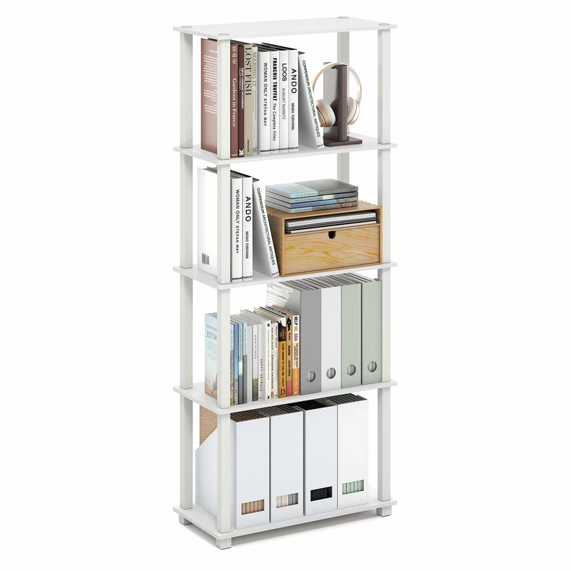 Furinno TURN-S-TUBE Book Shelf, 5-Tier Toolless Storage Shelves with Square Tubes, Shelving Unit for Organization and Storage for Living Room, Home Office, White - Image 1