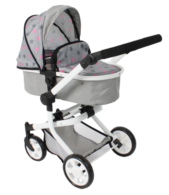 Bayer Chic 2000® Mika 2-in-1 Doll Pram, Grey Starlet, Foldable, Height-Adjustable Handle, 47-80 cm, Modern Frame, Dolls up to 52 cm, 4-8 Years