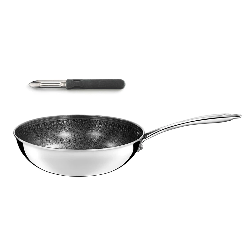 CUISINOX - Virtuo - 24 cm Wok and Peeler Grey - Triply Base, Non-Stick Honeycomb Coating - Suitable for All Heat Sources Including Induction - Satin Finish - PFOA and PFAS Free