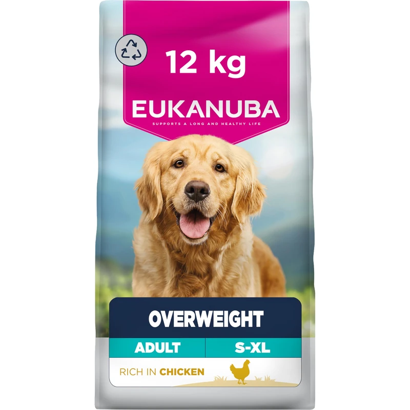 Eukanuba Overweight - Low Fat Dog Food with Chicken - Complete Dry Dog Food For Adults Dogs, 12kg