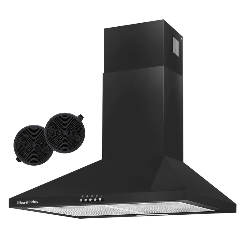 Russell Hobbs 60cm Chimney Cooker Hood in Black with 3 Speed Settings, 2x Carbon Filters, Extraction or Recirculation, 400 m³/h Extraction Rate, LED Lights, A++ Energy Rating, RH60SCH03A1B