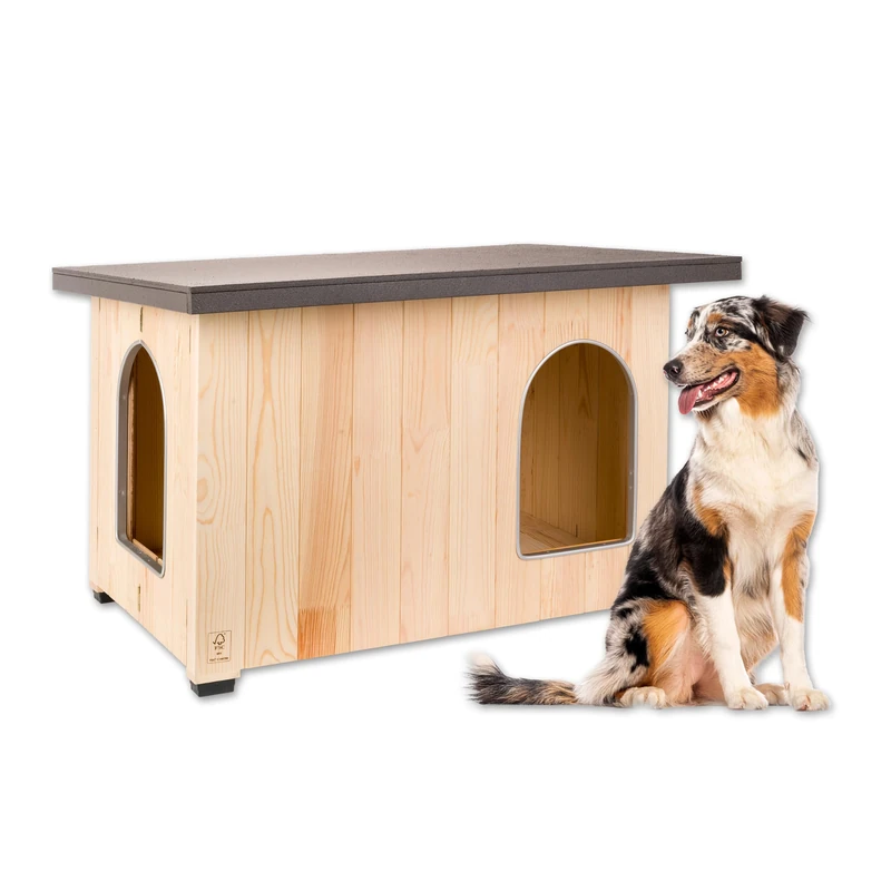 Ferplast Wooden Dog Kennel Outdoor with 2 Entrances – Insulated Dog House with Sliding Door, Weatherproof, Raised Floor, Medium Dogs, 95 x 65 x 62.5 cm