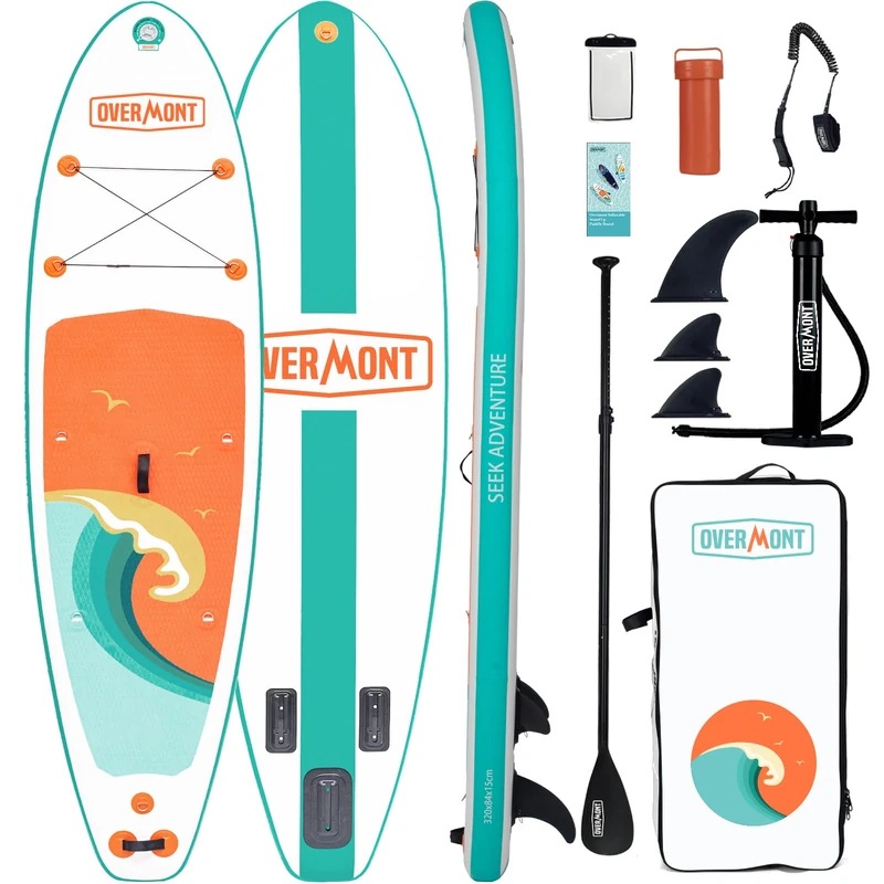 Overmont Inflatable Stand Up Paddle Board 10′6″ x 33″ x 6″ – Stable Heavy-Duty SUP for Beginners & Adults, Includes Oar, Fins, Pump & Carry Bag – Portable, Non-Slip Deck for Lakes, Beach, Rivers