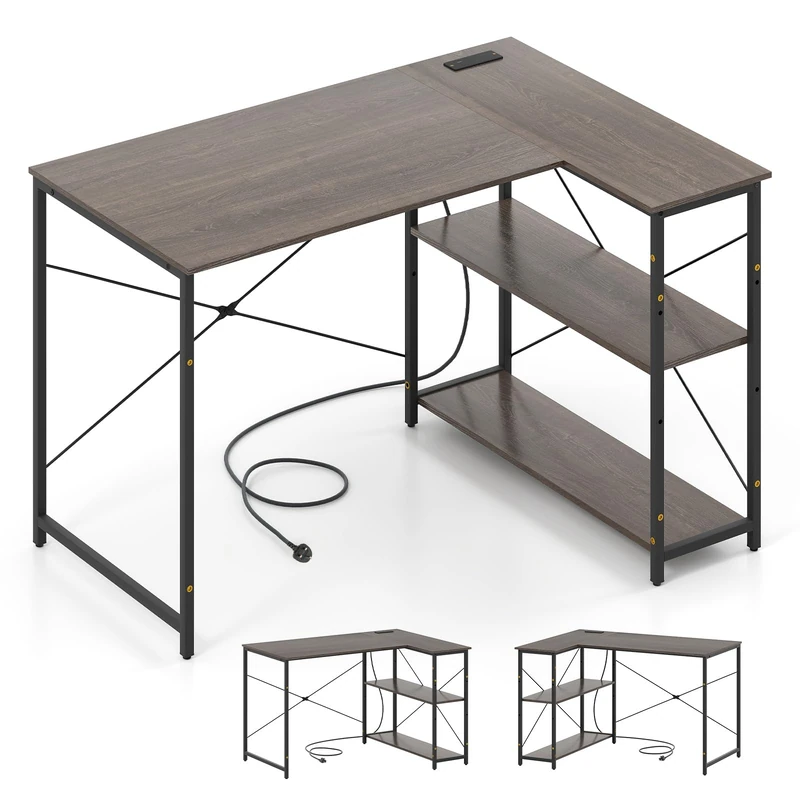 SFAREST Corner Computer Desk, L-Shaped Study Work Writing Table with Reversible Adjustable Storage Shelves, Large Gaming Desk for Office Living Room Bedroom (Grey + Black)