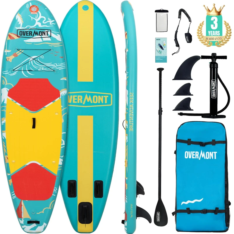 Overmont Inflatable Stand Up Paddle Board 10.6" x 33" x 6" – Adult SUP Board with Oar, Fins, Pump & Carry Bag – Stable, Non-Slip Deck, All-Around Paddleboard for Beginners & Adults (Green)