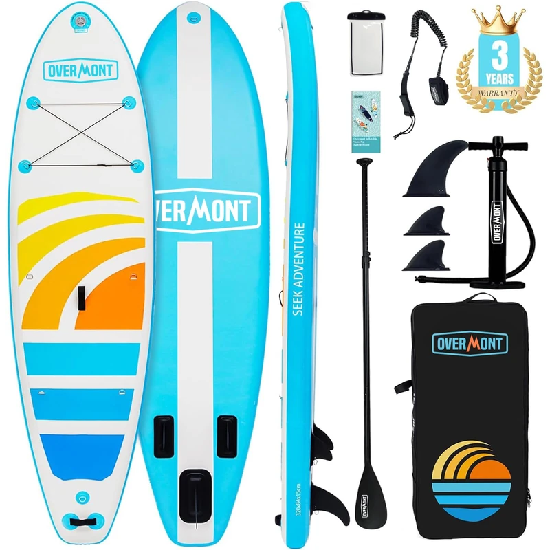 Overmont Inflatable Stand Up Paddle Board 10.6" x 33" x 6" – Adult SUP Board with Oar, Fins, Pump & Carry Bag – Stable, Non-Slip Deck, All-Around Paddleboard for Beginners & Adults (Blue)