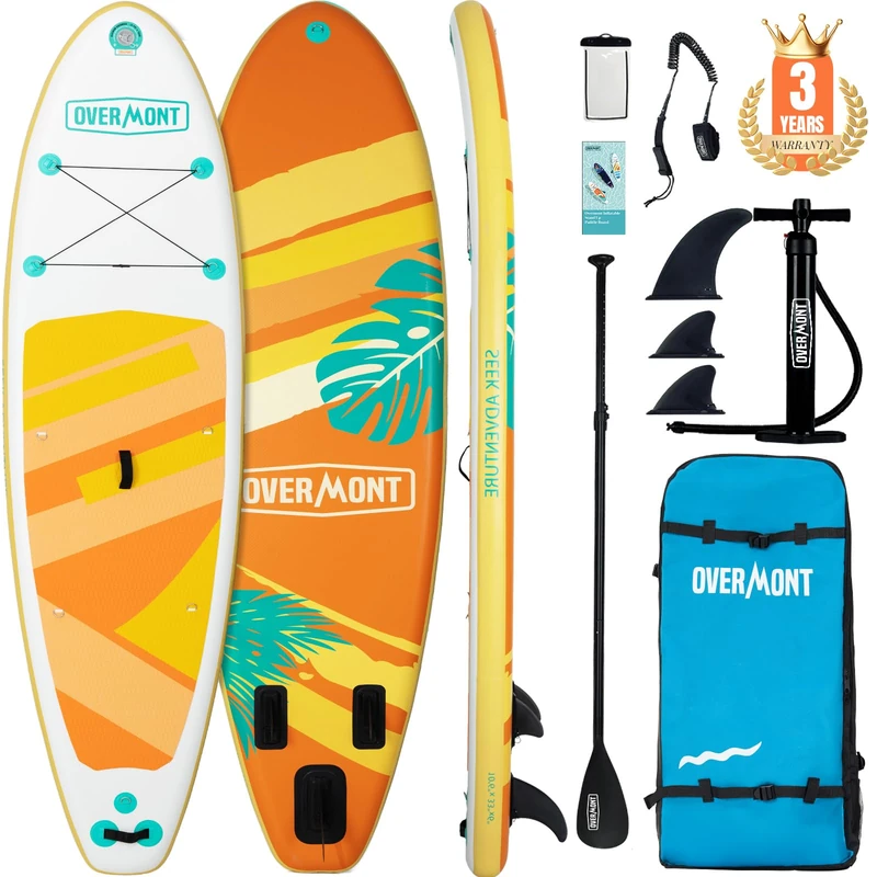 Overmont Inflatable Stand Up Paddle Board 10.6" x 33" x 6" – Adult SUP Board with Oar, Fins, Pump & Carry Bag – Stable, Non-Slip Deck, All-Around Paddleboard for Beginners & Adults (Yellow)