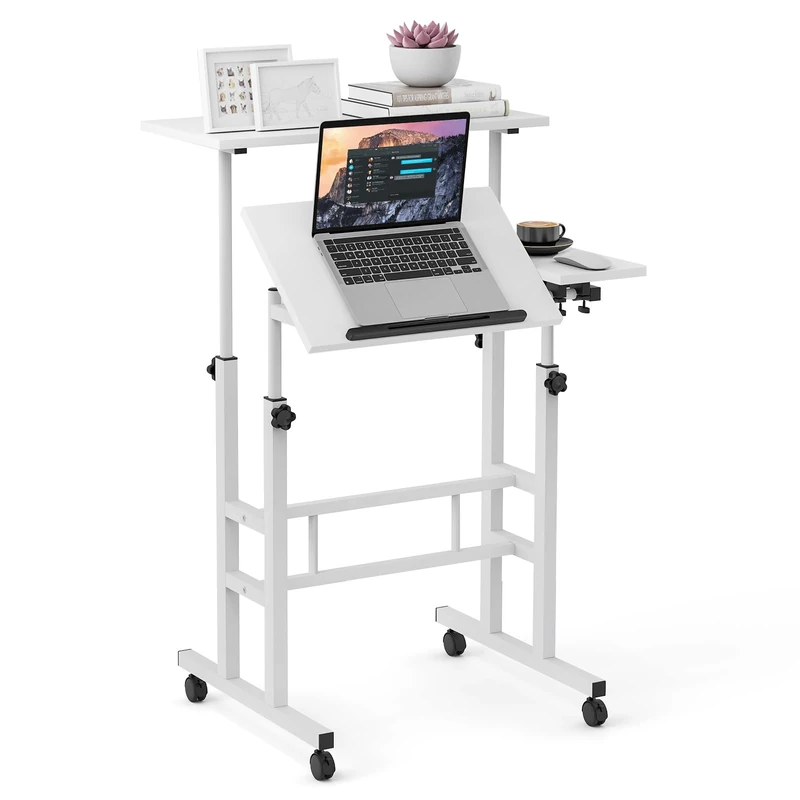 CASART Rolling Computer Desk, Height-Adjustable Standing Desk with Castors, Shelf & Tilting Top, Home Office Computer Workstation Side Table for Living Room Bedroom Study Small Spaces (White)