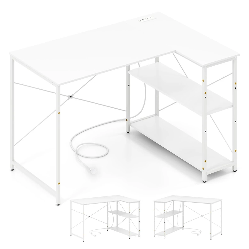 SFAREST Corner Computer Desk, L-Shaped Study Work Writing Table with Reversible Adjustable Storage Shelves, Large Gaming Desk for Office Living Room Bedroom (White)