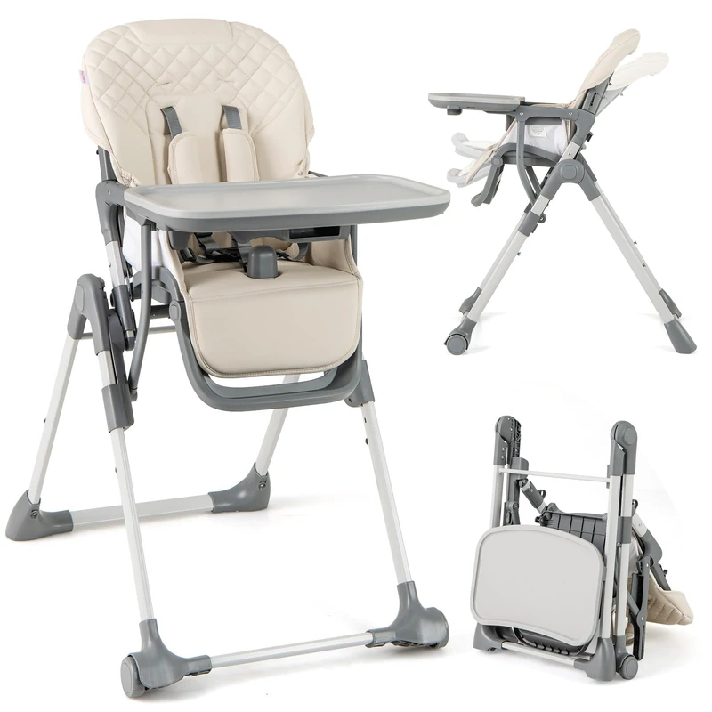 GYMAX High Chairs for Babies and Toddlers, Foldable Adjustable Highchairs with Detachable Tray, Footrest, 5-Point Safety Harness, Portable Baby Feeding Chair for 6 Months to 3 Years (Beige)