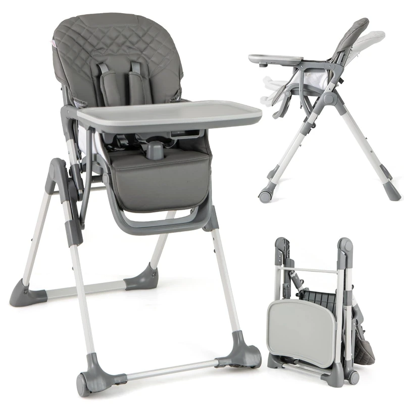 GYMAX High Chairs for Babies and Toddlers, Foldable Adjustable Highchairs with Detachable Tray, Footrest, 5-Point Safety Harness, Portable Baby Feeding Chair for 6 Months to 3 Years (Grey)