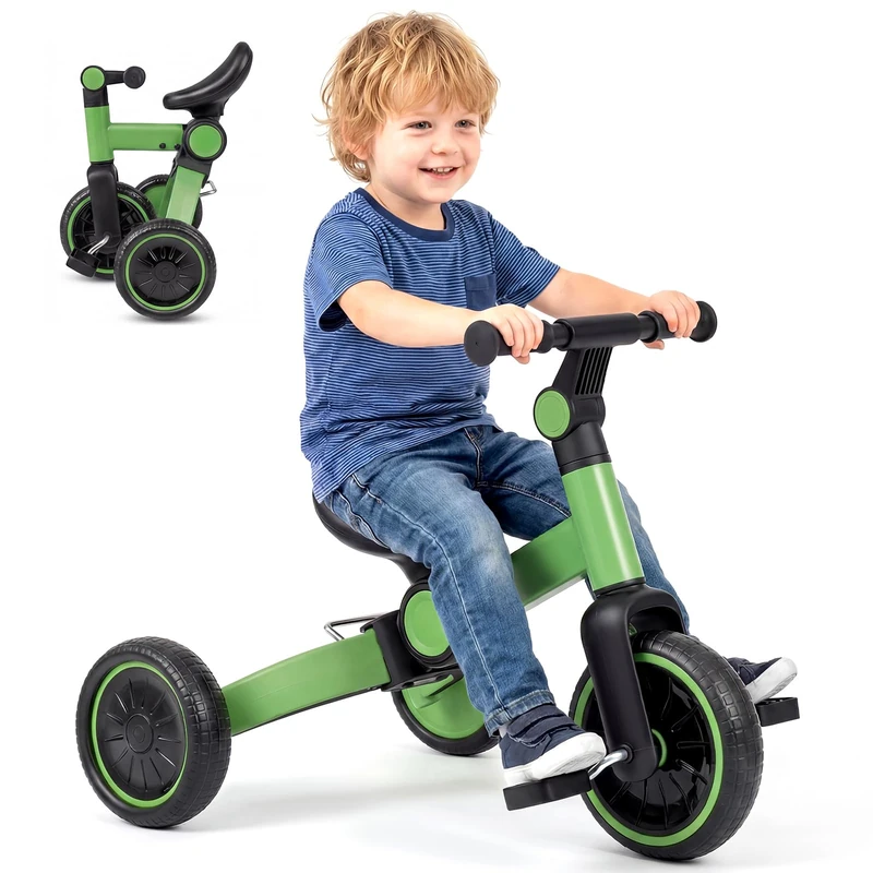 GYMAX Toddler Tricycle, Kids Trike with Adjustable Handlebar and Removable Pedals, Foldable Children Balance Bike for 2-4 Years Old Boys Girls (Green)