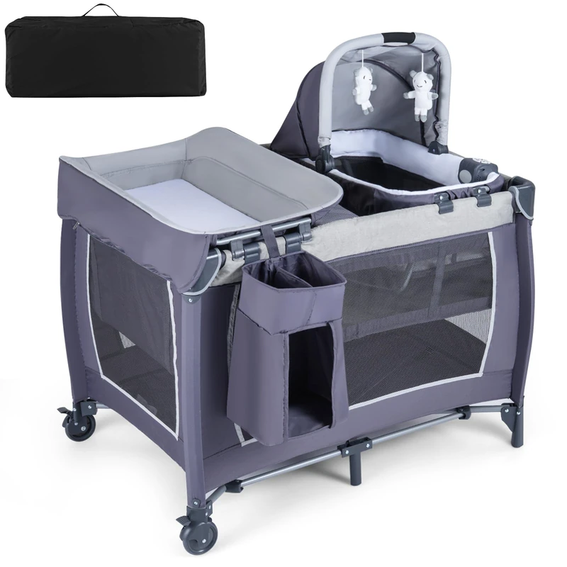GYMAX Baby Travel Cot, 5-in-1 Portable Infant Crib with Rocking Bassinet & Diaper Changing Table, Mattress, Hanging Toys, Music Box & Travel Bag, Folding Baby Bassinet Bed (Dark Grey)