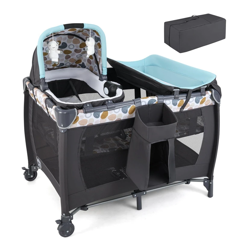 GYMAX Baby Travel Cot, 5-in-1 Portable Infant Crib with Rocking Bassinet & Diaper Changing Table, Mattress, Hanging Toys, Music Box & Travel Bag, Folding Baby Bassinet Bed (Blue+Black)