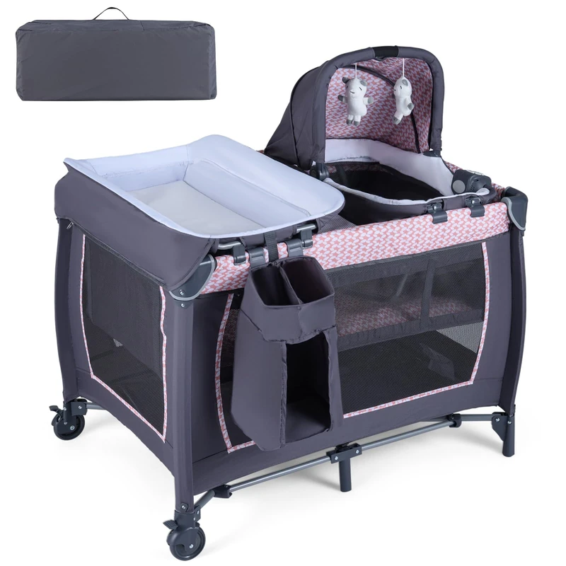 GYMAX Baby Travel Cot, 5-in-1 Portable Infant Crib with Rocking Bassinet & Diaper Changing Table, Mattress, Hanging Toys, Music Box & Travel Bag, Folding Baby Bassinet Bed (Pink+Grey)